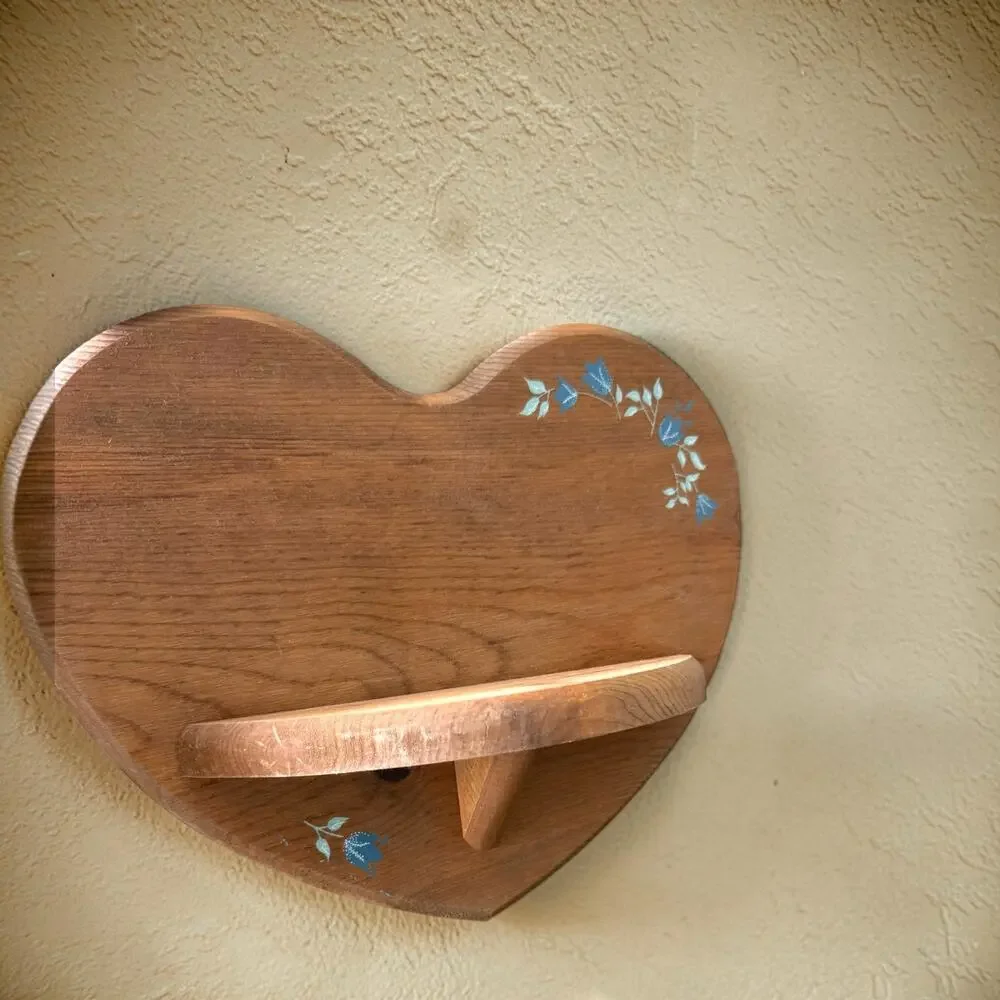 Vintage Wood Heart Wall Shelf Blue Tulip Stencil 1980s Country Cottage Folk Art